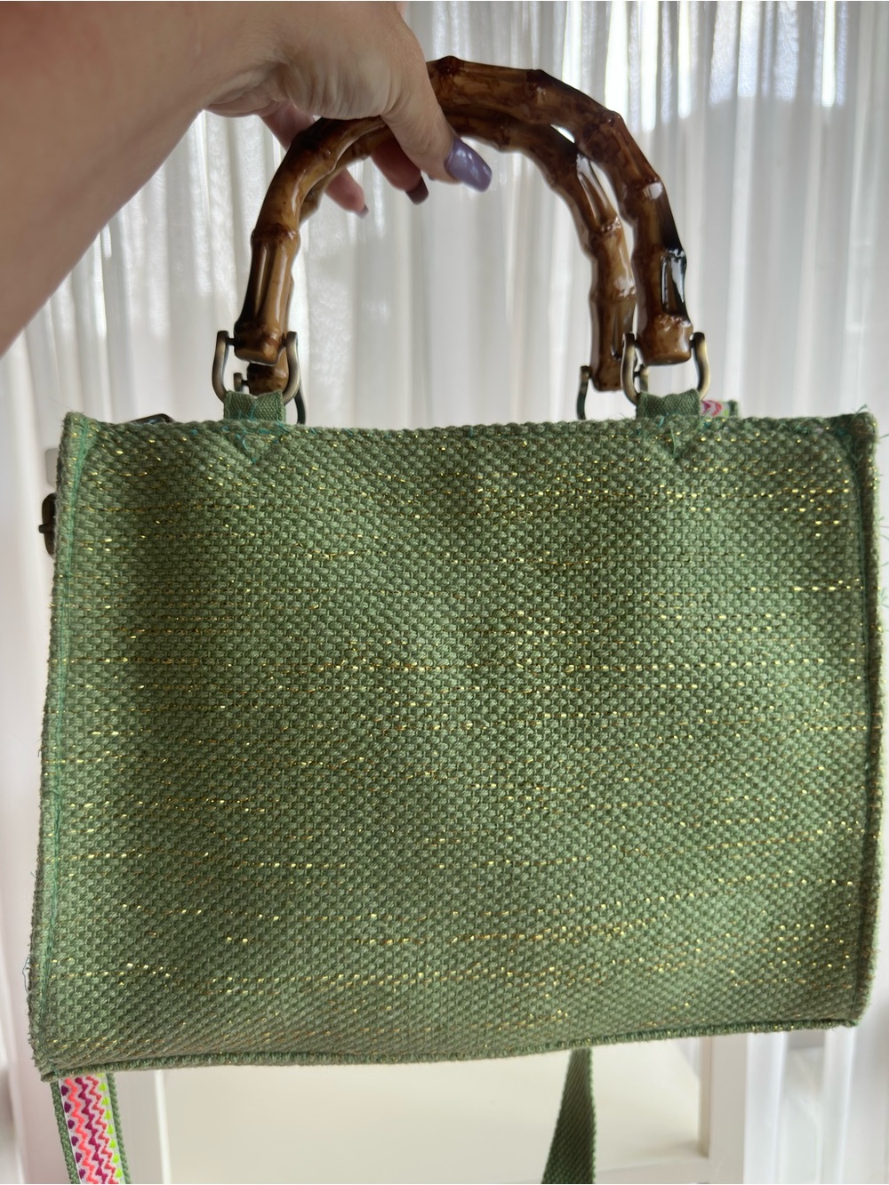🧿🪬 Multicolor Embroidered Evil Eye Handbag w/ Bamboo Handles & crossbody strap. - Picture 5 of 5